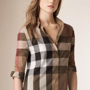 Burberry Taupe Brown Check 3/4 Length Button Down